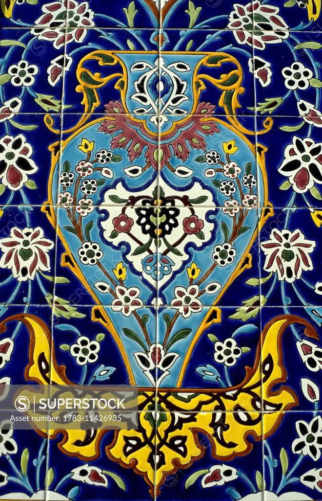 Detail of tiles at Zainab mosque, Tomb of Fatima's daughter, Damascus, Syria