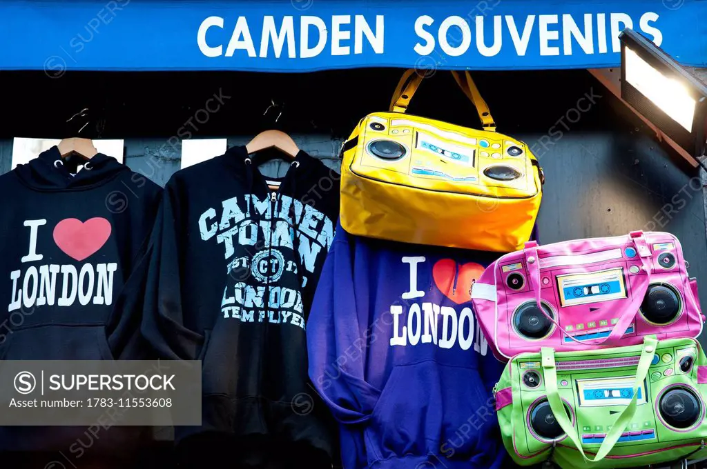 Jumpers And Bags In The Famous Camden Market, North London, London, Uk