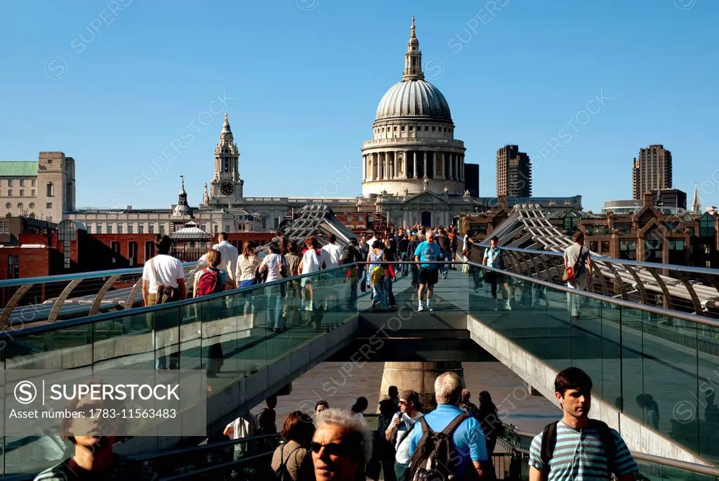 St Paul's Cathedral And Millenium Bridge, London, Uk