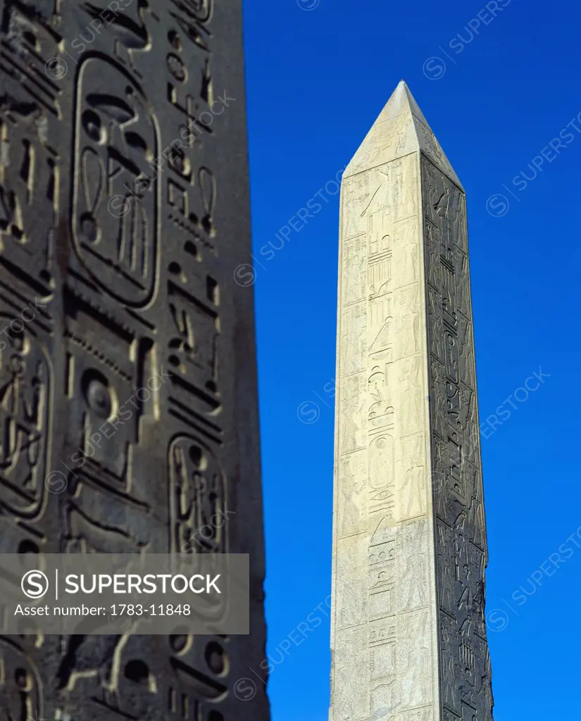 The Obelisk of Hatshepsut with detail of the Obelisk of Tuthmosis I in the foreground., Karnak, Egypt.