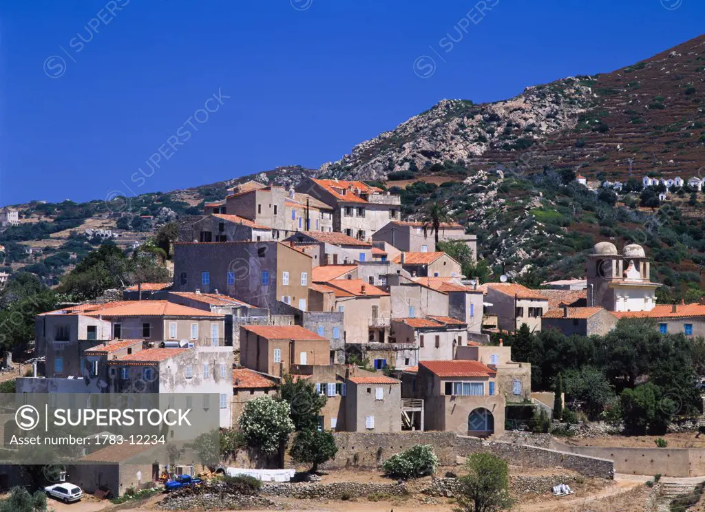 Village of Pigna, elevated view, Haute-Balagne, Corsica, France.