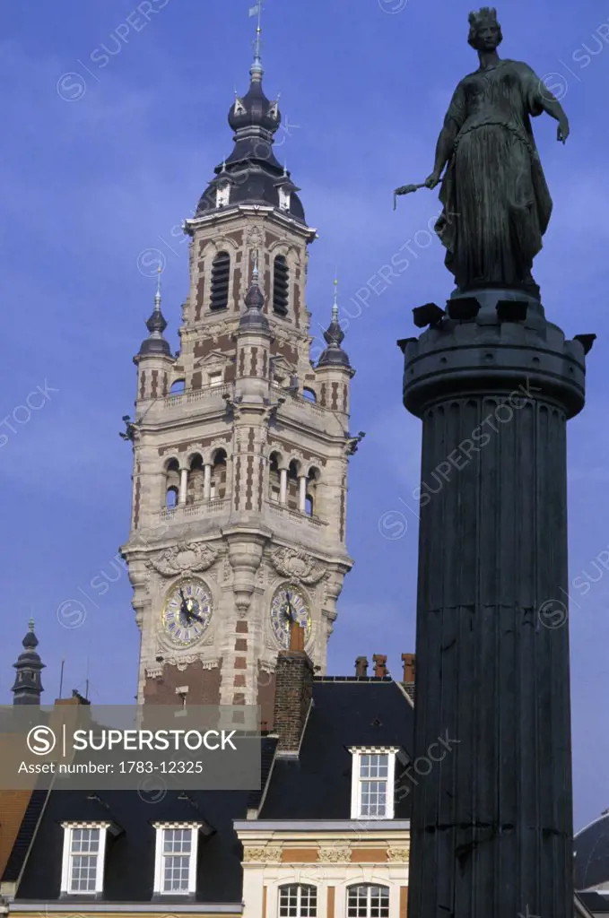 Statue and clock tower in Lille, Lille, France