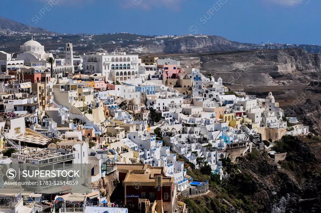 The town of Fira; Fira, Santorini, Cyclades, Greek Islands, Greece