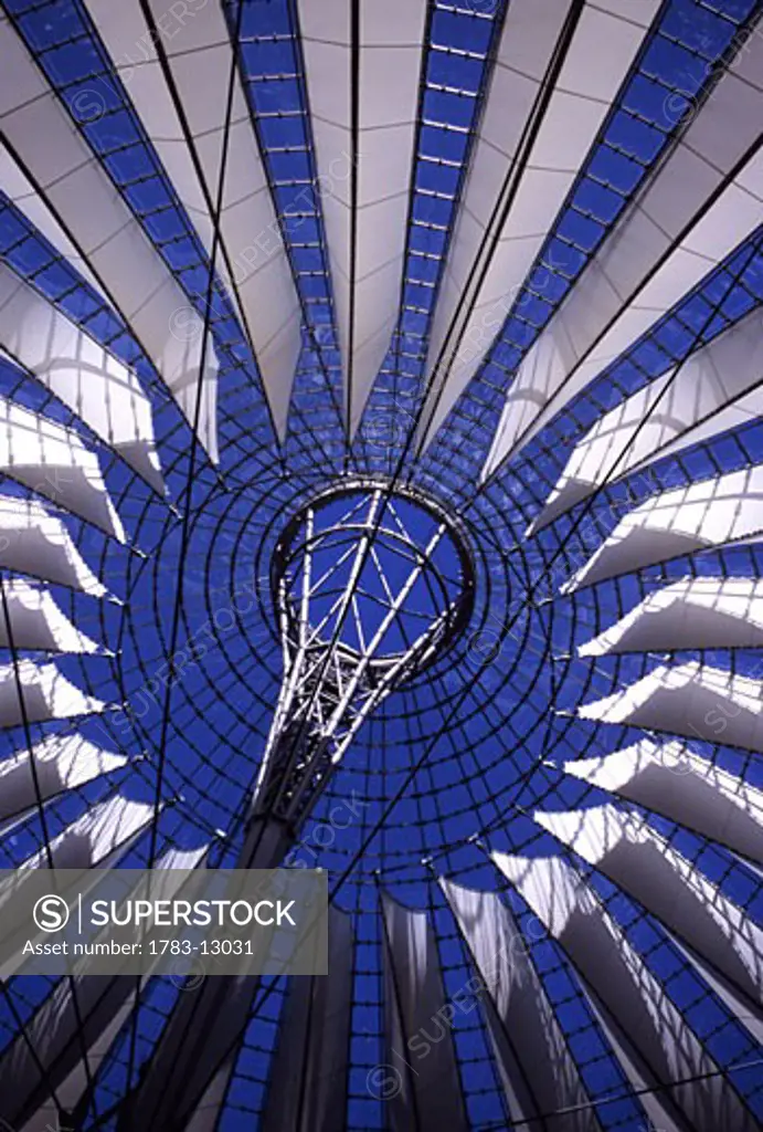 Low angle view of Sony Centre ceiling, Berlin, Germany.