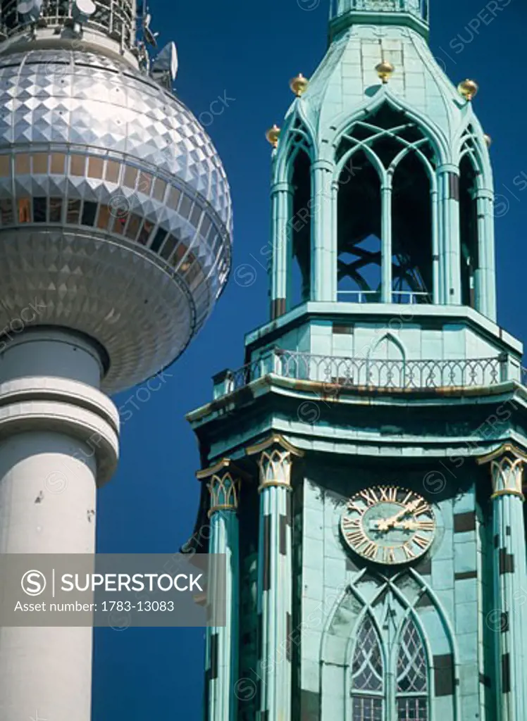 Marien church and Fernsehturm towers, Berlin, Germany.
