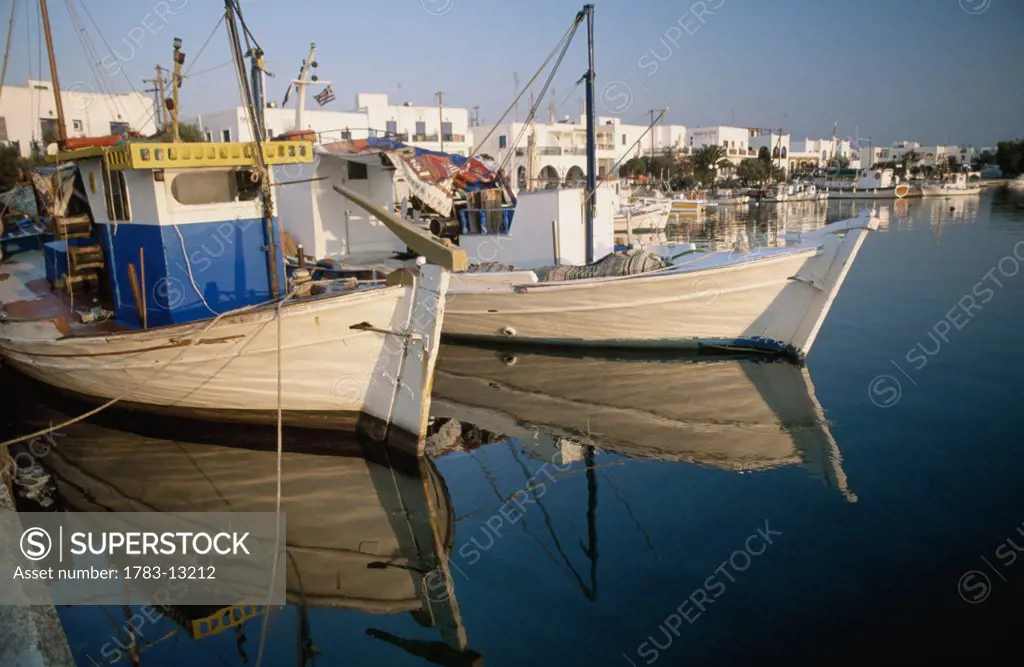 Fishing boats moored in Kastro harbor, Antiparos, Greek Islands.