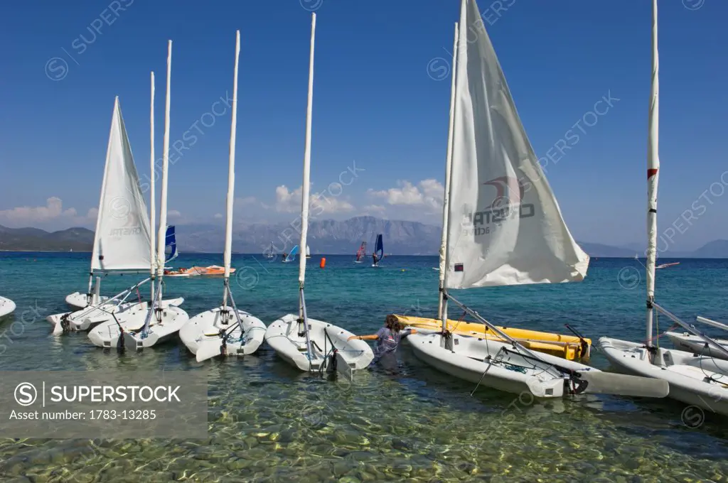Sail boats at resort on Lefkas., Club Active Galini, Lefkas, is a water sports holiday resort overlooking some of the Ionian Islands, Greece.
