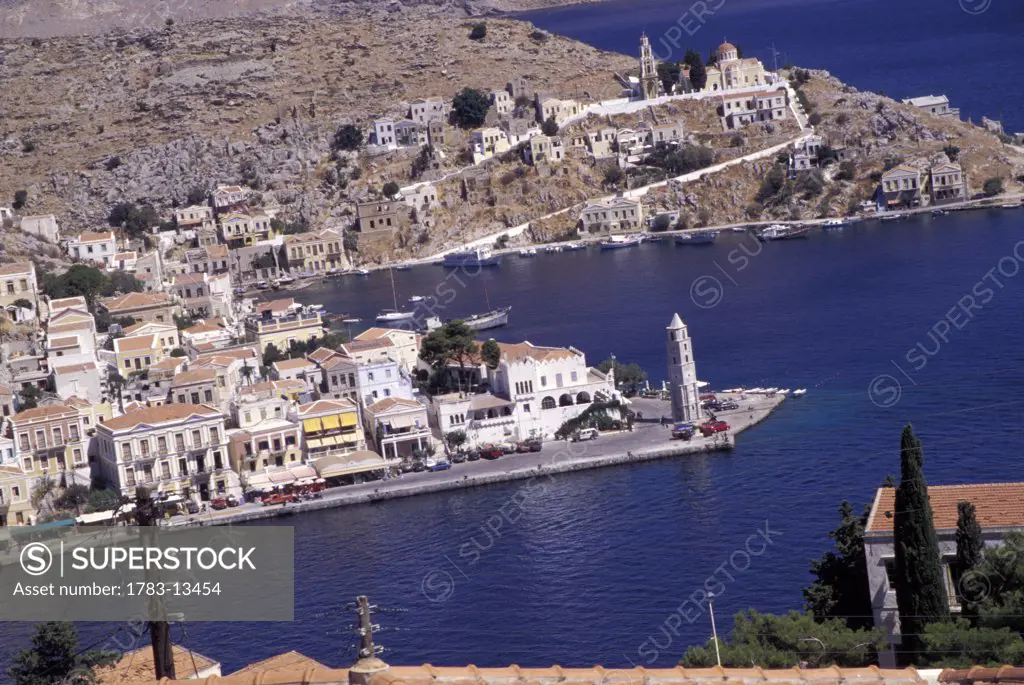 Aerial view on town and harbor, Symi, Greece.
