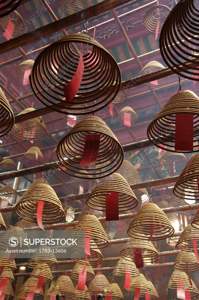 Smoking incense spirals at the Man Mo Temple in Hong Kong, Close Up, China