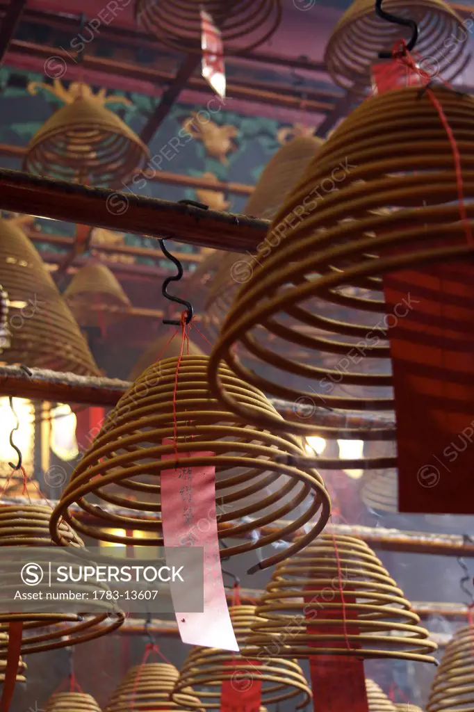 Smoking incense spirals at the Man Mo Temple in Hong Kong, Close Up, China