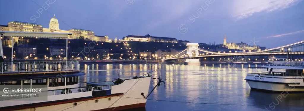 Royal Palace and Chain Bridge over the Danube at dusk, Budapest, Hungary 
