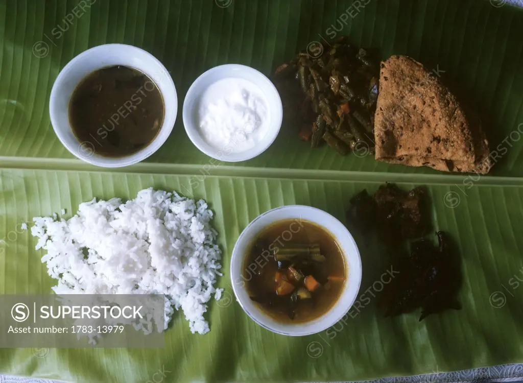 Traditional foods on leaf, India.