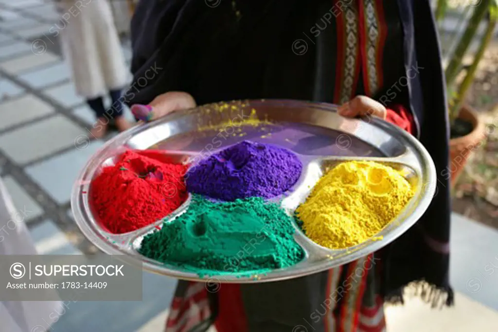 Tray of coloured powder dye., Baghvan Wilderness Lodge, Pench National Park, Madhya Pradesh, India.
