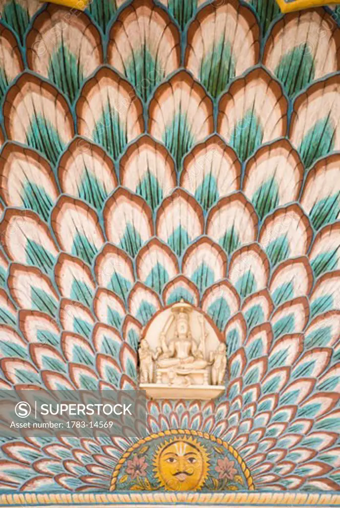 Decorated entrance area to doorway of the City Palace, Close Up, Jaipur, Rajasthan, India