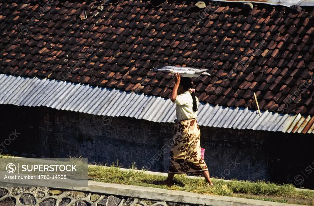 Woman walking with fish over head, Lombok, Indonesia