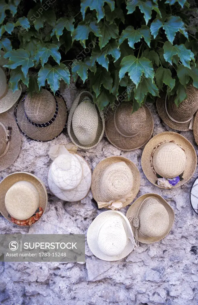 Hats hanging outside hat shop, Ravello, Amalfi Coast, Campania, Italy