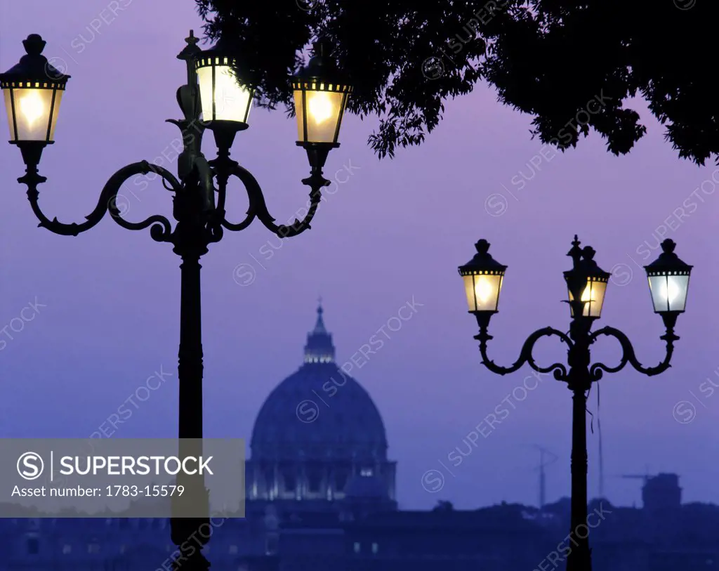 St Peters Basilica at dusk from Villa Borghese, Rome, Italy