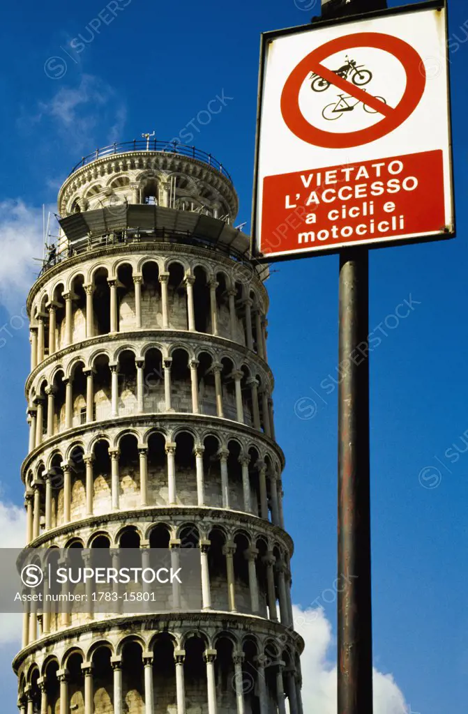 Road sign in front of Leaning Tower of Pisa, Pisa, Italy