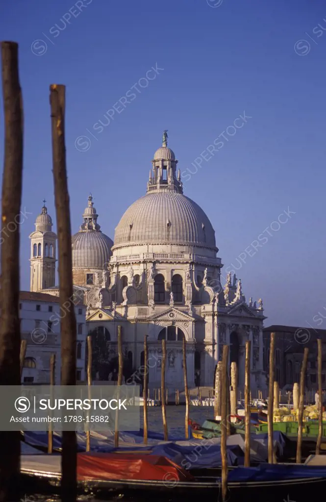 Santa Maria della Salute, gondolas, and mooring sticks, Venice, Italy