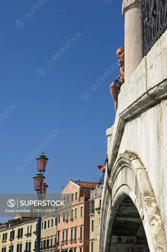Low angle view of bridge arch in Venice., Venice, Italy.