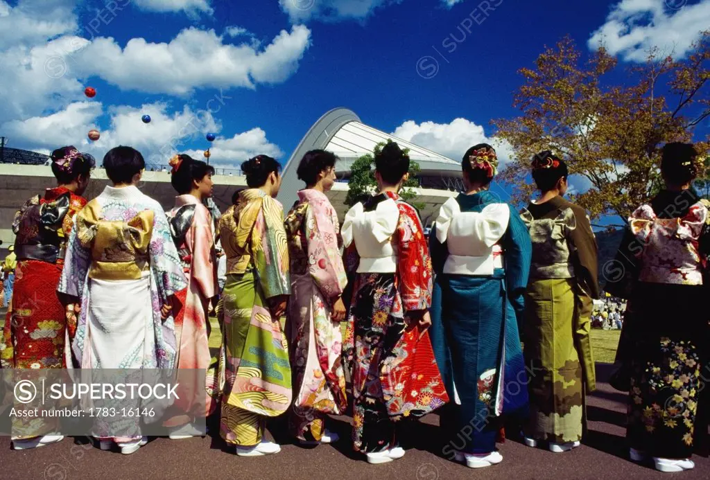 Women wearing kimonos during Obon festival, Hiroshima, Japan