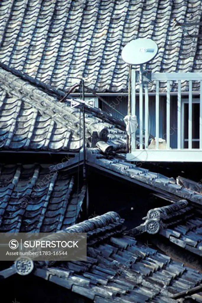 Satellite dish on traditional rooftops, Close Up, Kyoto, Japan