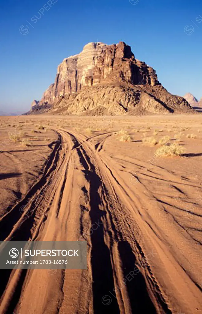 Tire tracks in the desert, Wadi Rum, Jordon