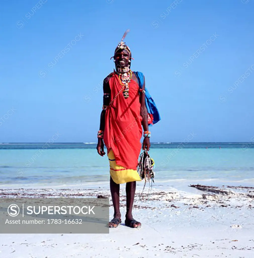 Smiling Samburu tribesman on Diani Beach, Mombasa Coast,  Kenya 