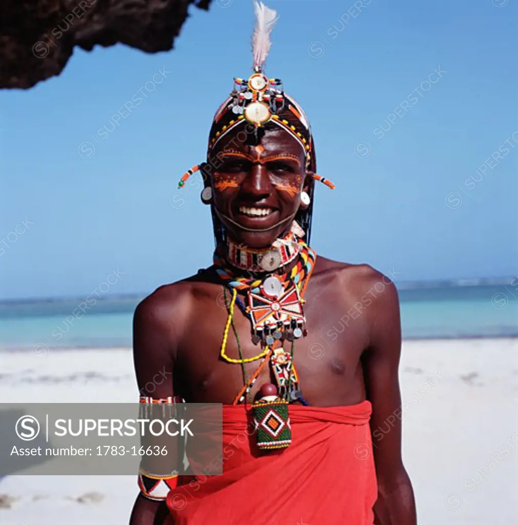 Smiling Samburu tribesman on Diani Beach, Mombasa Coast,  Kenya 