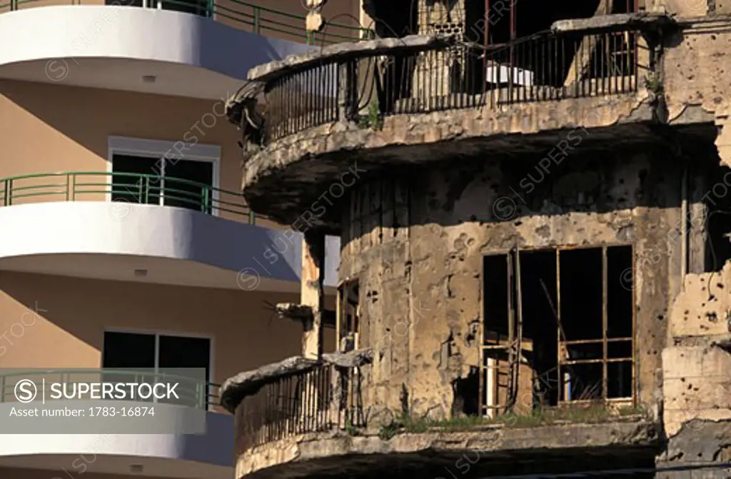 War damaged building & new development, the 'Green', Beirut, Lebanon.