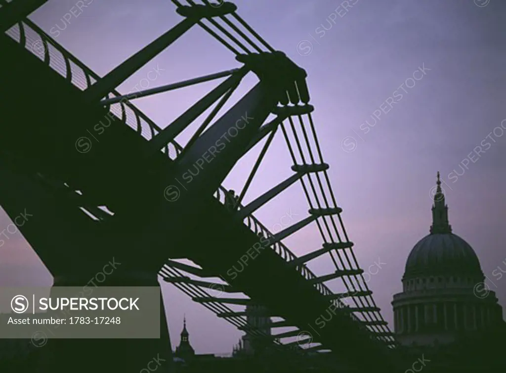 Looking towards the Millennium Bridge at dusk towards St Paul's Cathedral, London, England