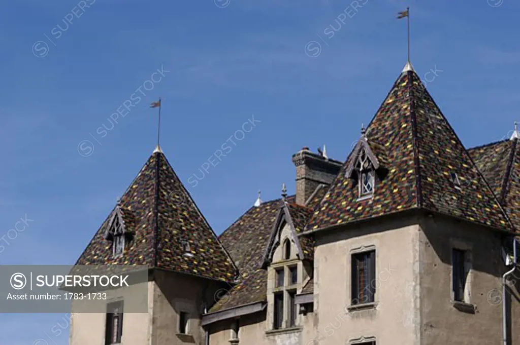 Detail of the ceramic tiled roof of the Chateau Marguerite Bourgogne, Couches, Burgundy, France. 