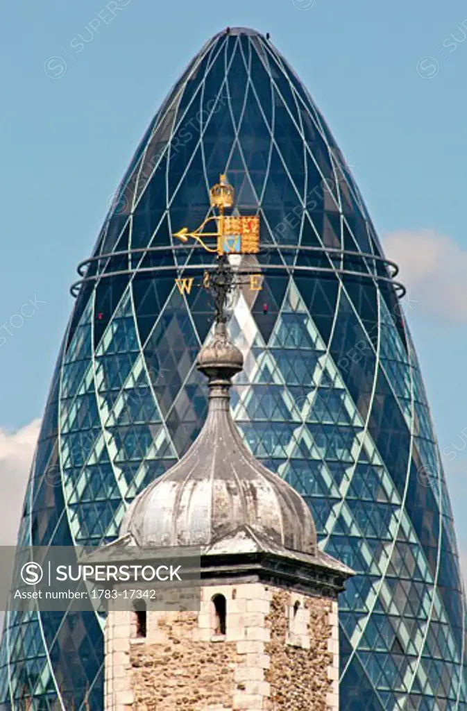 The Tower of London and Swiss Re Tower, Close Up, London, England