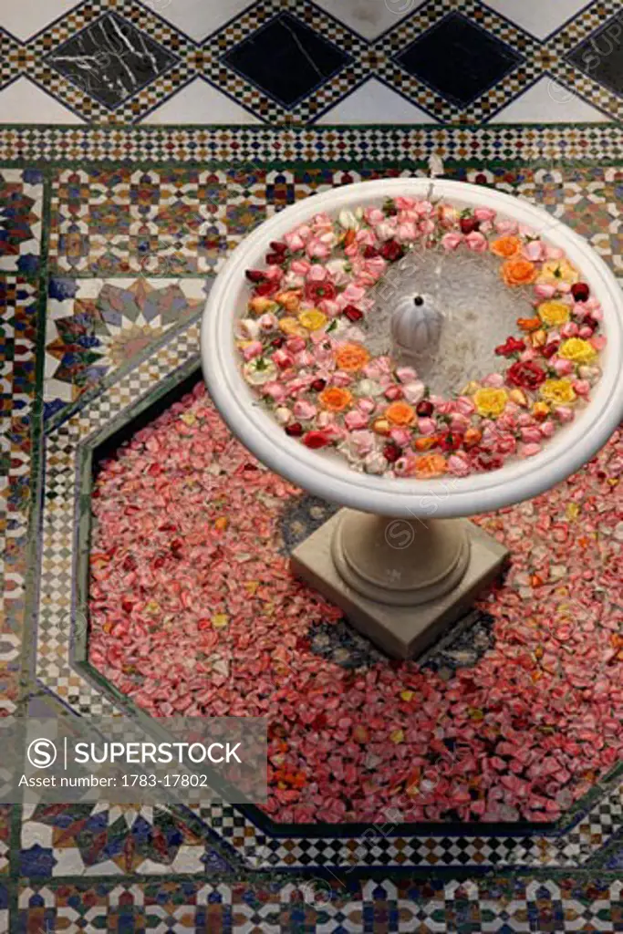 Fountain with rose heads in Riad Al Moussika, Pasha's residence, Marrakech, Morocco.