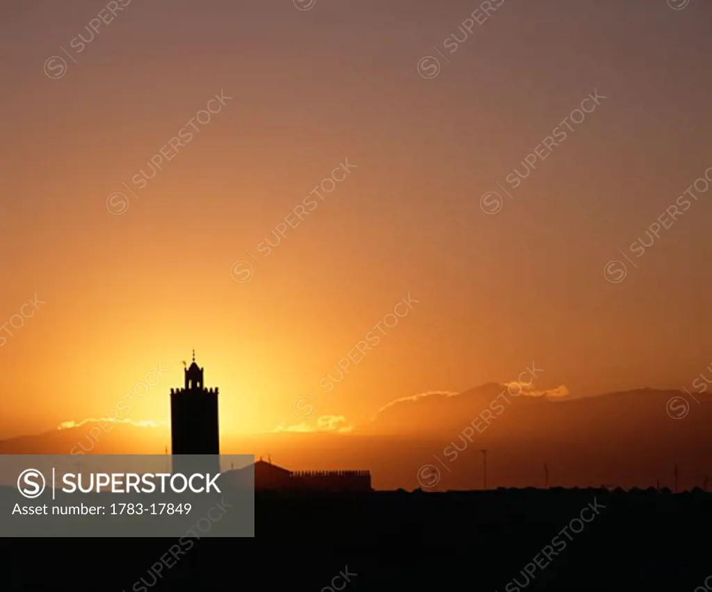 Mosque at sunset, near the old ramparts, Marrakech, High Atlas, Morocco