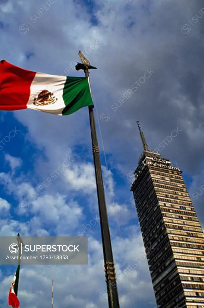 Mexican flag outside Latino Tower, Mexico City, Mexico.