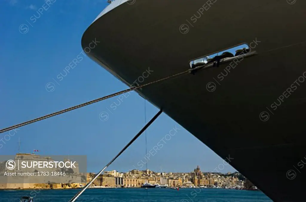 Cruise ship's bow moored in Grand Harbor, Valletta, Malta.