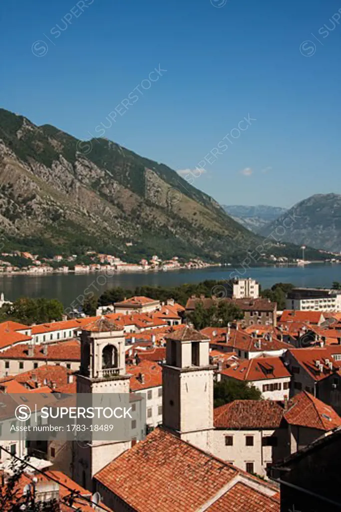 High angle view of old town from fortifications on Mt. Sv. Ivan, Kotor, Montenegro.