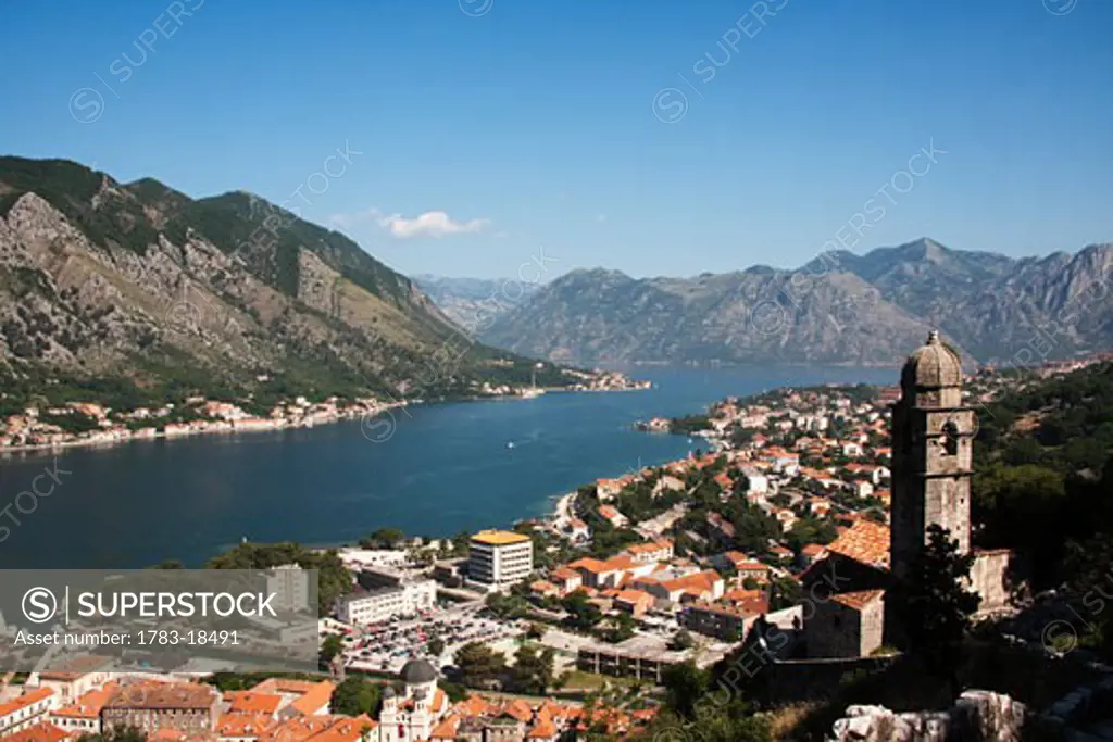 High angle view of old town from fortifications on Mt. Sv. Ivan, Kotor, Montenegro.