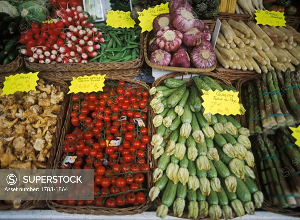 Fresh vegetables for sale in market in Cannes, France. 