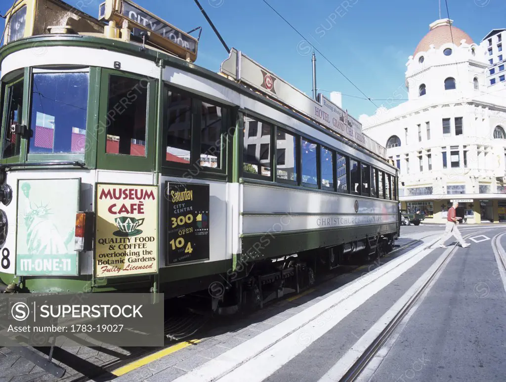 Close-up of the side of a green tram   , Christchurch, New Zealand.