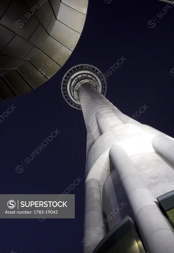 Low angle view of Sky Tower at night, Auckland, New Zealand.