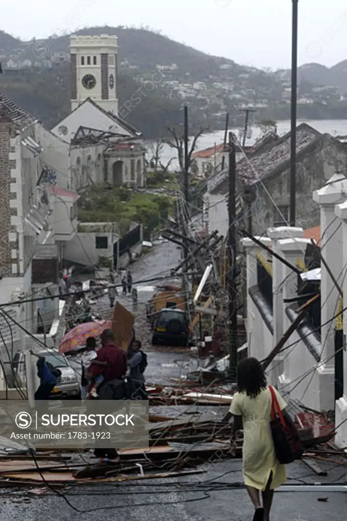 Looking down ruined street towards the Anglican Cathedral after Hurricane Ivan, St Georges, Grenada.