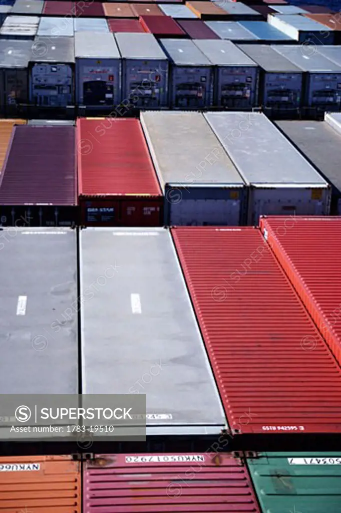 Sea containers stacked on container ship, North Pacific Ocean 