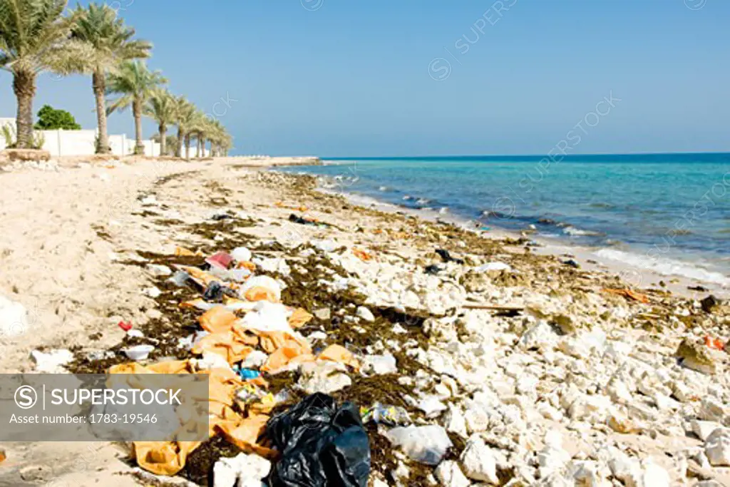 Polluted beach at resort., Doha, Qatar.