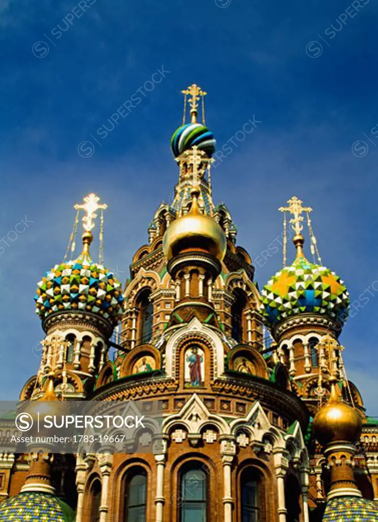 Ornate exterior of Church of Spilled Blood, St. Petersburg, Russia, St. Petersburg, Russia.