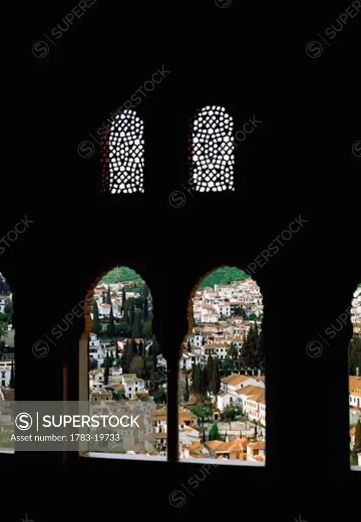 Windows of Palace Nazaries looking at Granada, Granada, Andalucia, Spain