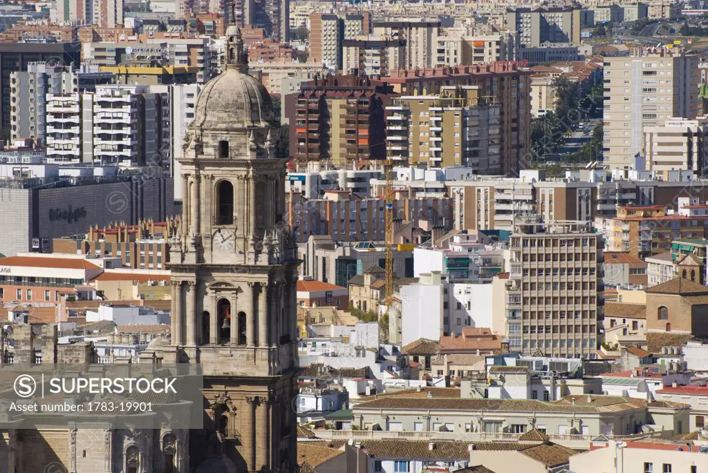 Malaga cathedral tower above city, Malaga, Andalucia, Spain.