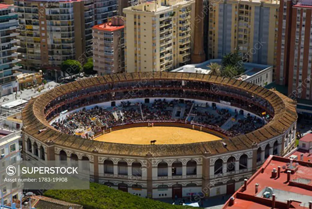 Elevated view of bullring, Malaga, Andalucia, Spain.