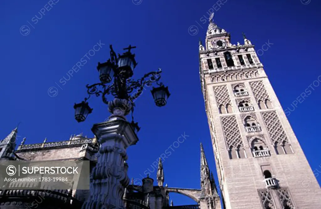 La Giralda Cathedral and Lamp Post, Low Angle View, Seville, Spain